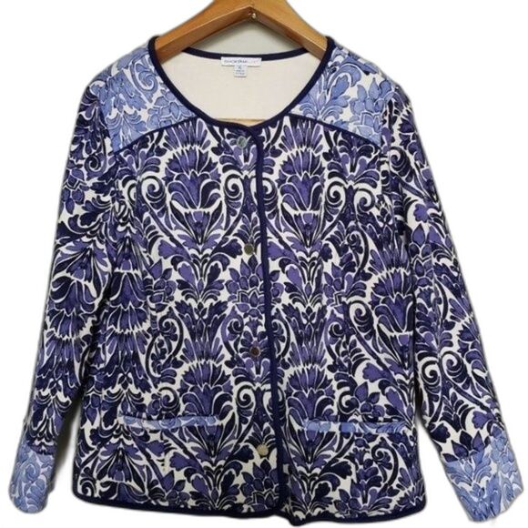 Isaac Mizrahi Floral Print Cardigan Blue Size Medium – Button Front Knit Top - Picture 1 of 14